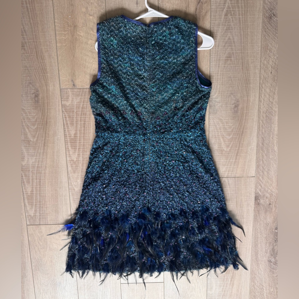 Elie Tahari Lyra Shift Dress Teal-Blue Sleeveless Feather Hem Mini Dress Luxury - Picture 3 of 11
